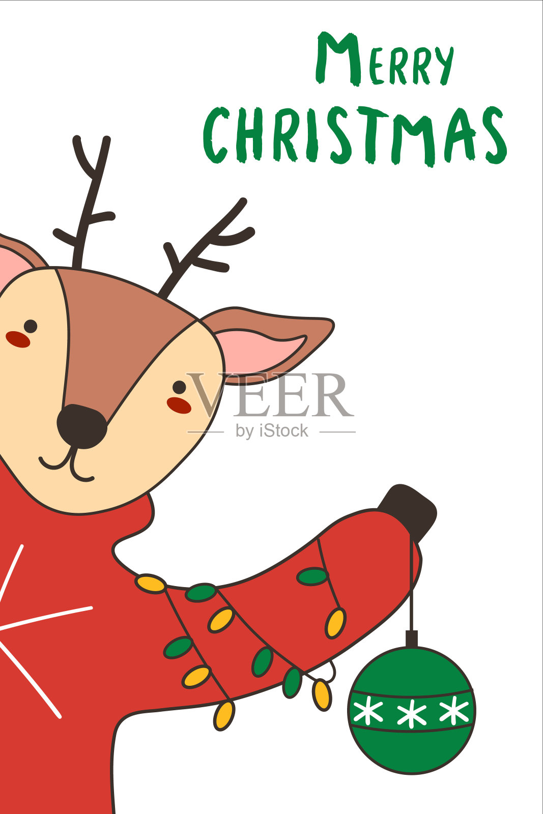 圣诞快乐贺卡模板滑稽驯鹿在红色围巾持有一个花环，卡通矢量插图。圣诞海报，横幅，明信片，贺卡设计与鹿EPS插画图片素材
