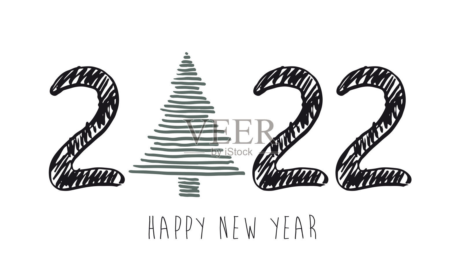 2022年新年快乐。圣诞树。手绘插图。插画图片素材