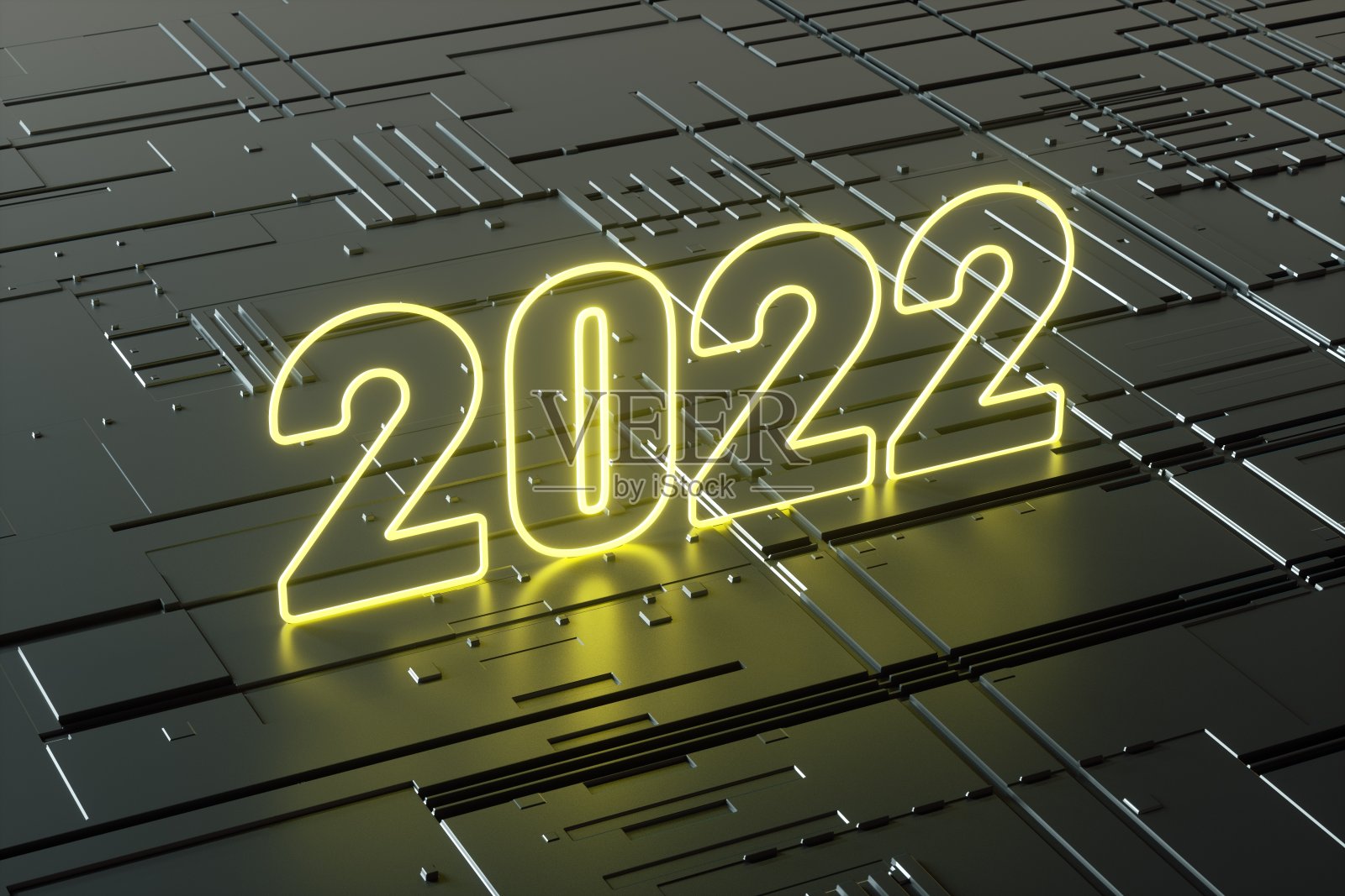 黄色发光的新年快乐2022字母霓虹灯与未来技术全息图。3 d渲染。照片摄影图片