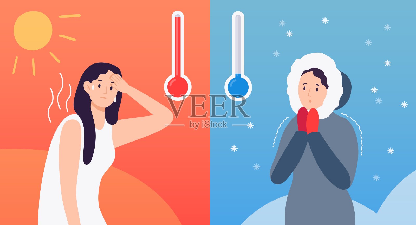 带有温度计的冷热天气概念和穿着季节性服装的卡通人物。女人出汗,冻结插画图片素材