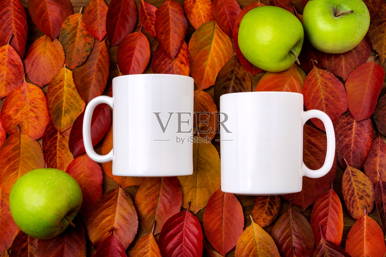 两个白色的咖啡杯模型与红叶和苹果的背景照片摄影图片