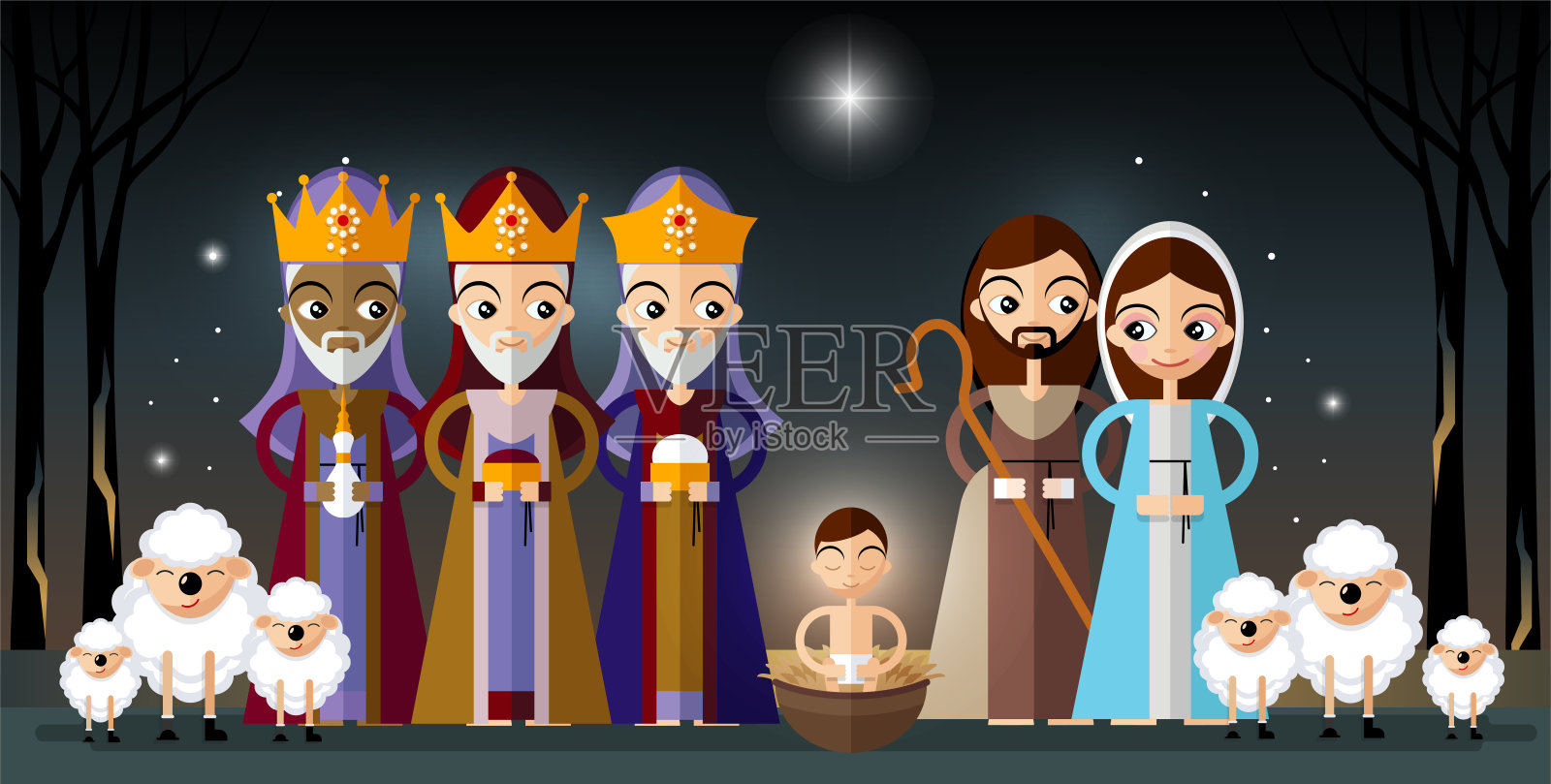 复古风格的圣诞卡，上面有三位国王给耶稣带来礼物。矢量插图在卡通风格。插画图片素材
