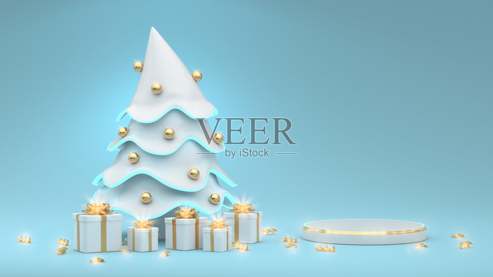 这是一幅精美的抽象插图，展示了圣诞和新年的t台秀，一棵白色圣诞树上装饰着金球和礼物。节日的魔幻气氛在横幅上。三维渲染照片摄影图片