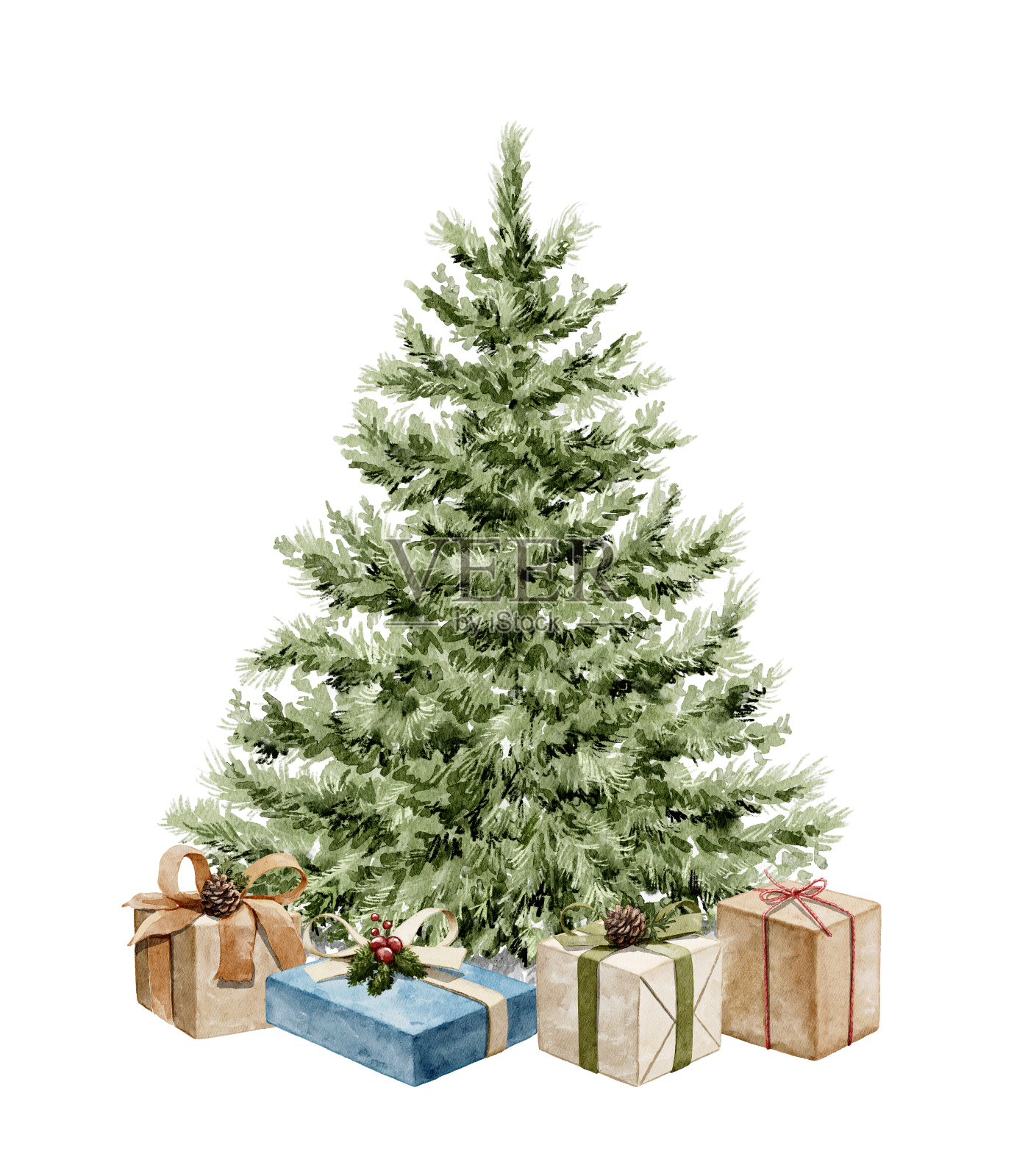 水彩卡通复古绿色圣诞树和礼品盒插画图片素材