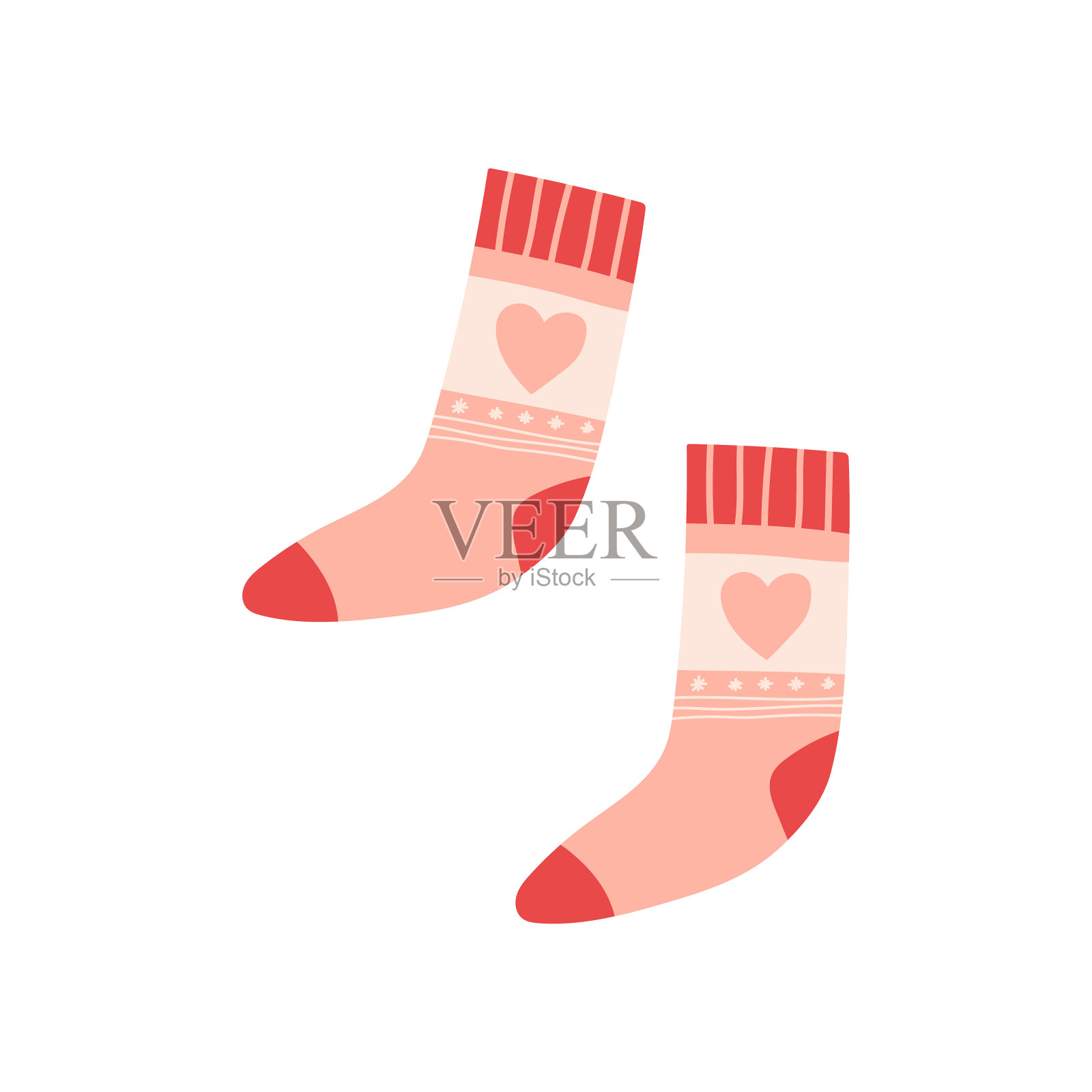 可爱的袜子一双与心，平矢量插图孤立在白色的背景。设计元素图片