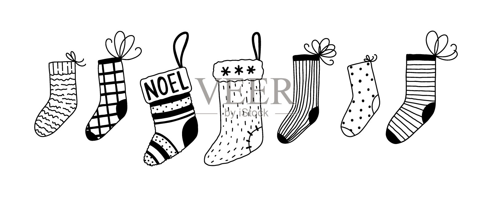 涂鸦圣诞袜套装。矢量手画袜子。插画图片素材