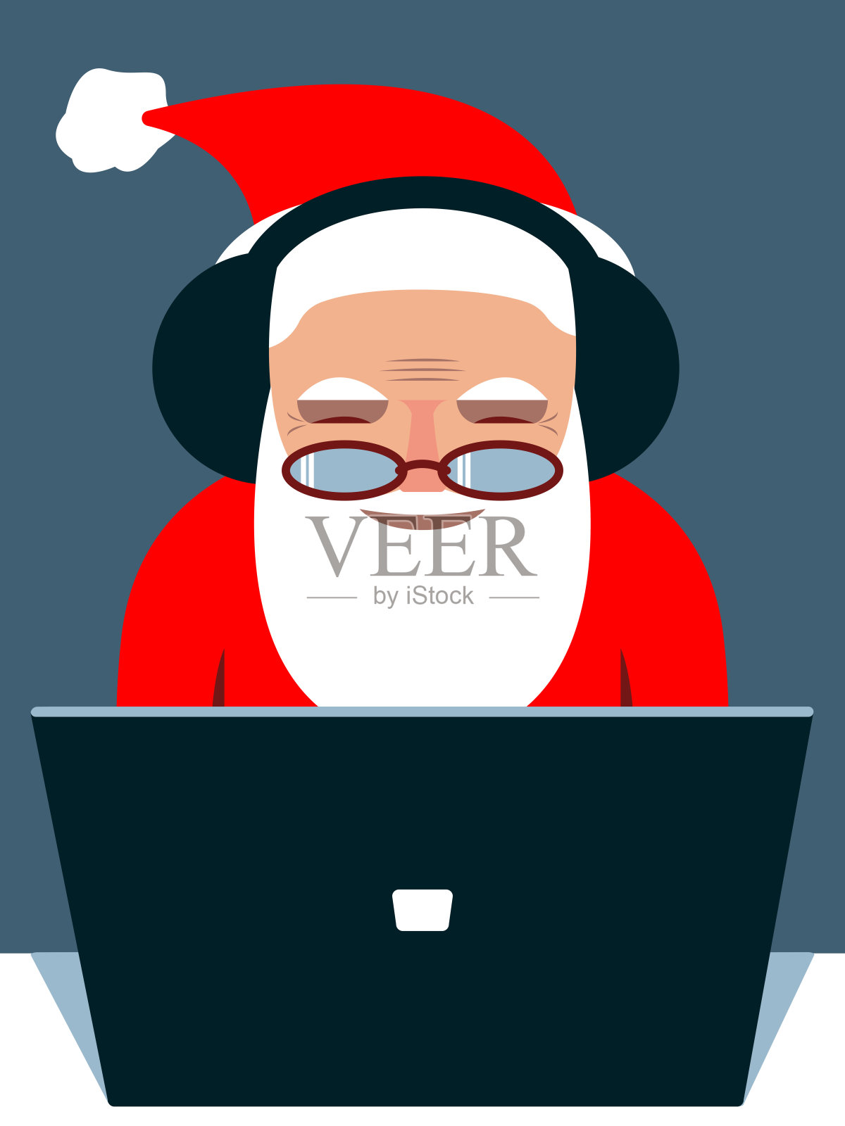 圣诞老人坐在电脑显示器前，微笑着远程在线工作插画图片素材