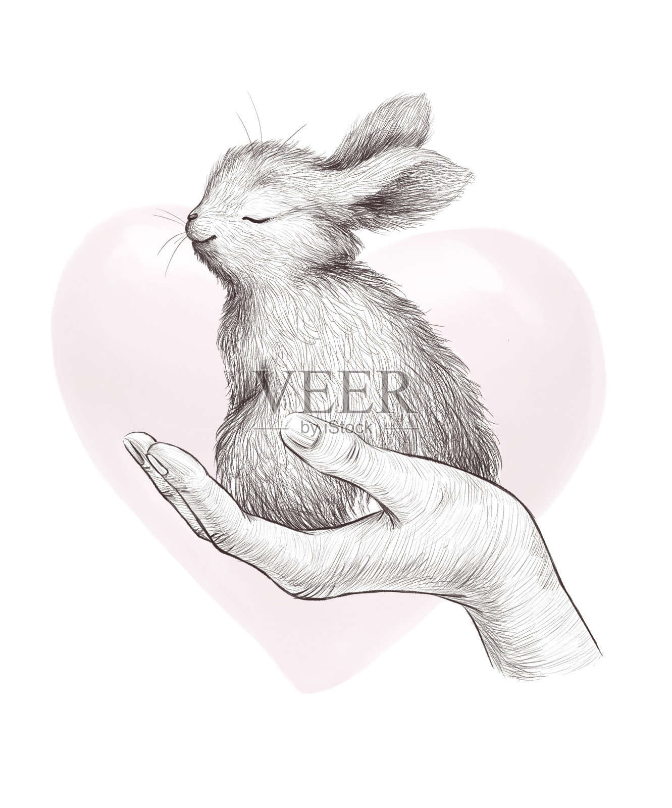 水彩假日插图与可爱的小兔子动物坐在人的手孤立。用于情人节贺卡，请柬，宝宝送礼会，打印，升华设计。设计元素图片