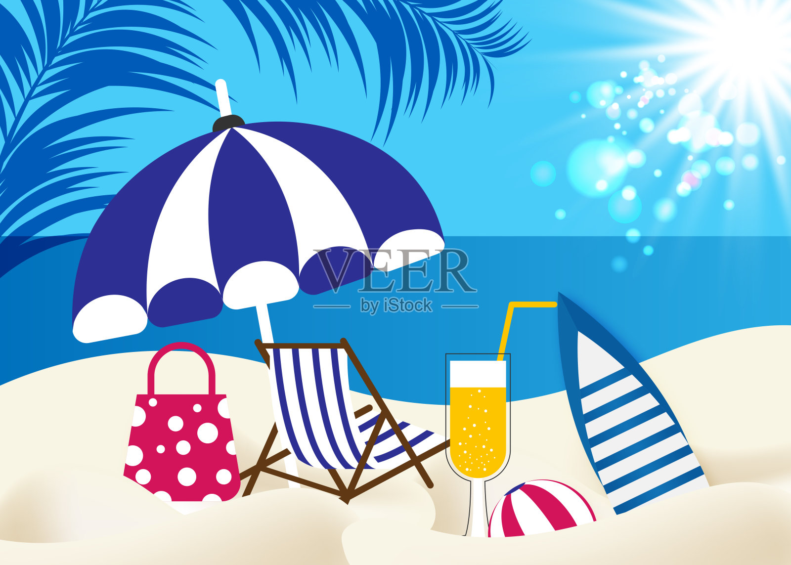 暑假海滩背景与伞，包，椅子，鸡尾酒，球和冲浪板插画图片素材