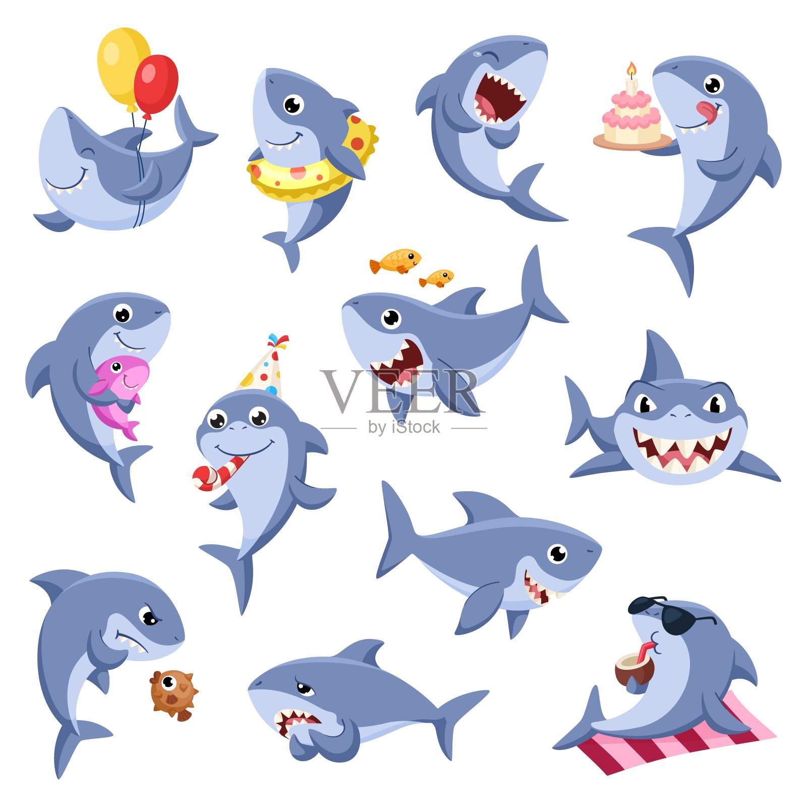 鲨鱼卡片。生日邀请，海洋风格的快乐儿童派对。卡通鲨鱼人物，可爱的鱼和螃蟹配蛋糕。水下生物花哨的矢量海报插画图片素材_ID:416243883 ...