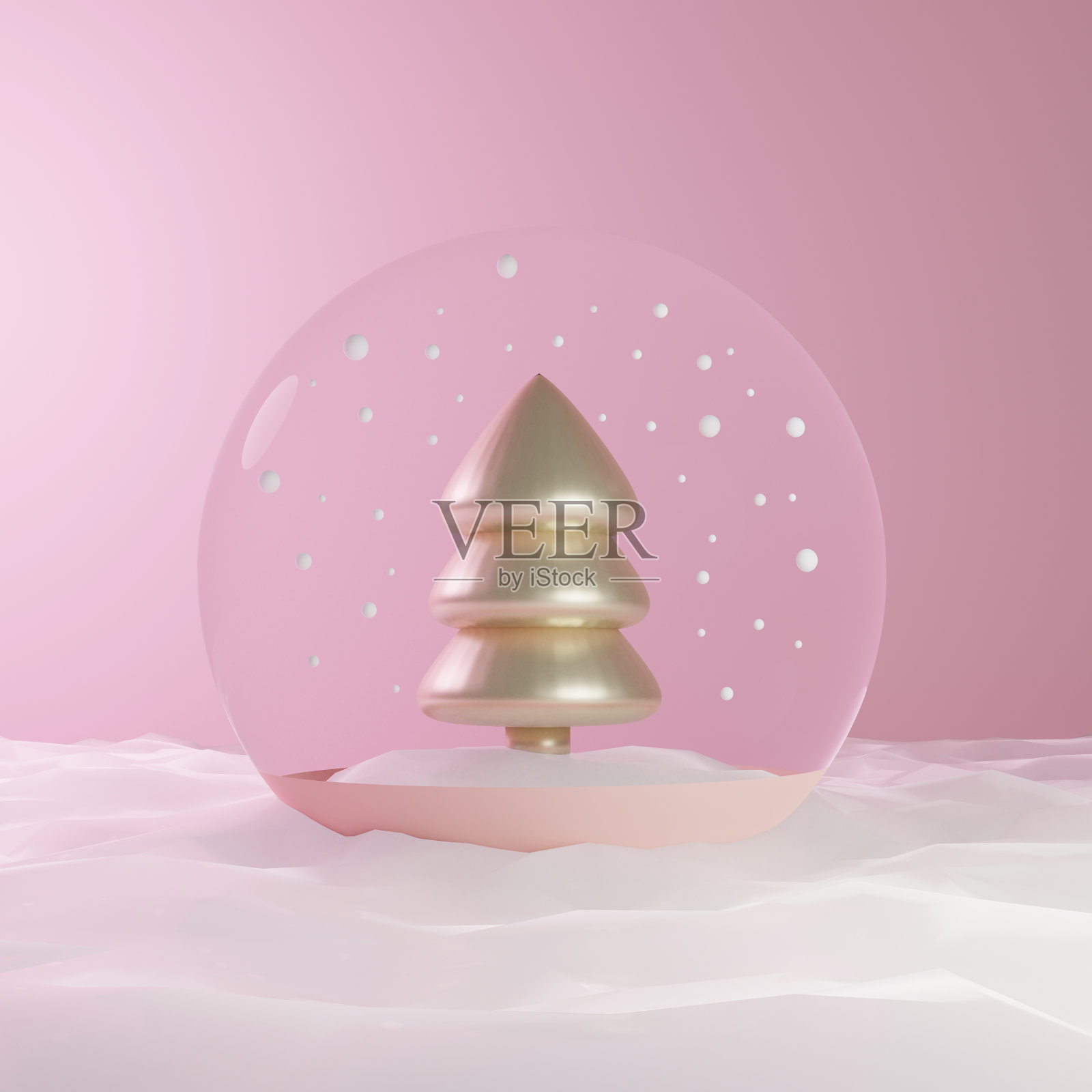 玻璃球与金色的圣诞树内部在雪与雪在粉红色的背景3D插图照片摄影图片