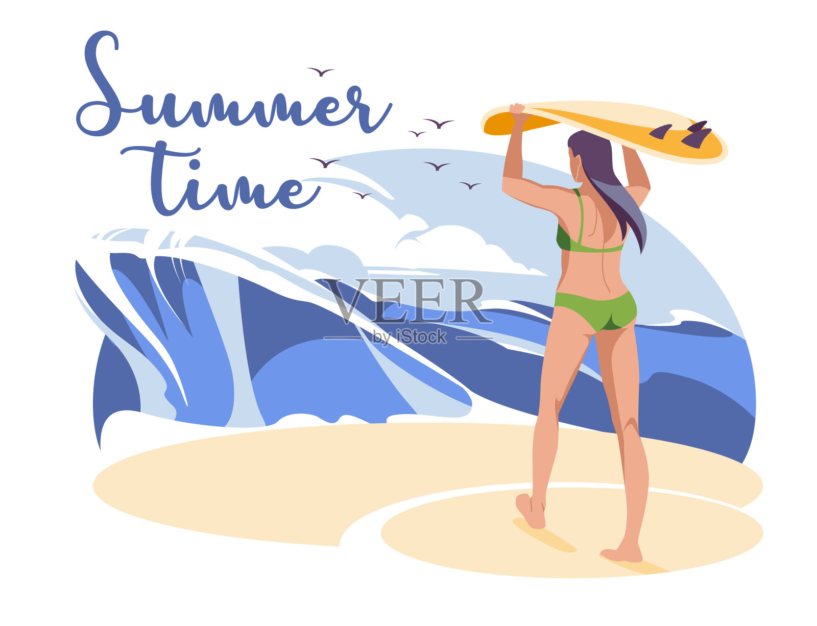 夏季冲浪的女孩或年轻女子冲浪板上的海浪。平面矢量说明夏季体育活动和海上休闲爱好插画图片素材