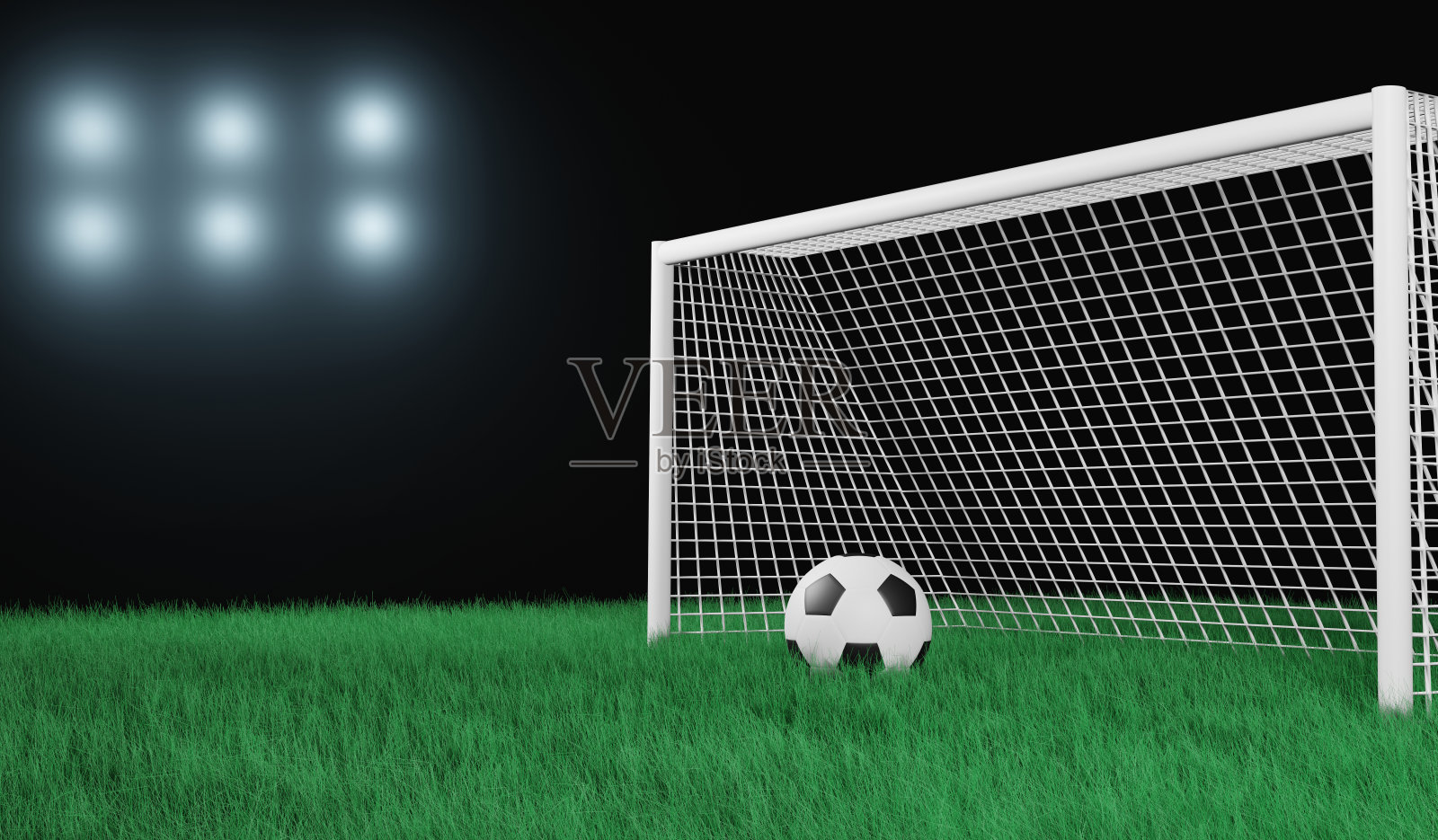 3D渲染插图足球在足球场上的夜间体育场和体育灯光背景(缩小视图)照片摄影图片