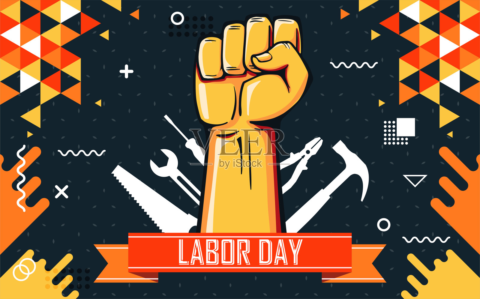 国际劳动节设计用劳动工具和手握拳抽象矢量。5月1日团结运动主题。插画图片素材