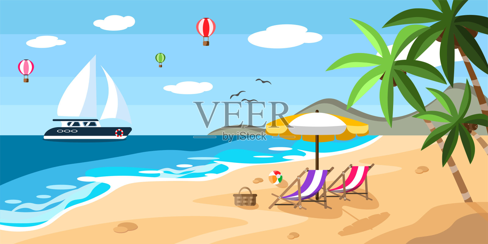 一个美丽的夏季海滩矢量插图。卡通海滩景观，阳光躺椅，雨伞，球，椰子树，山，船和热气球。插画图片素材