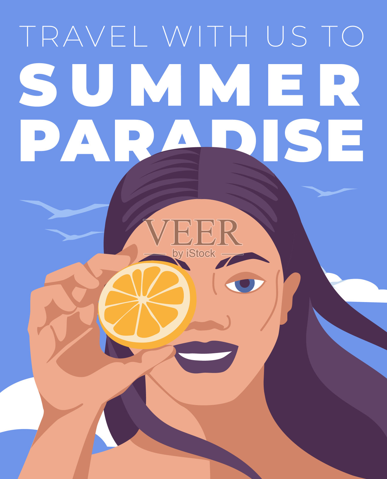棕发女孩举着一个柑橘在她面前，夏季热带旅游旺季广告。平面向量插图设计模板素材