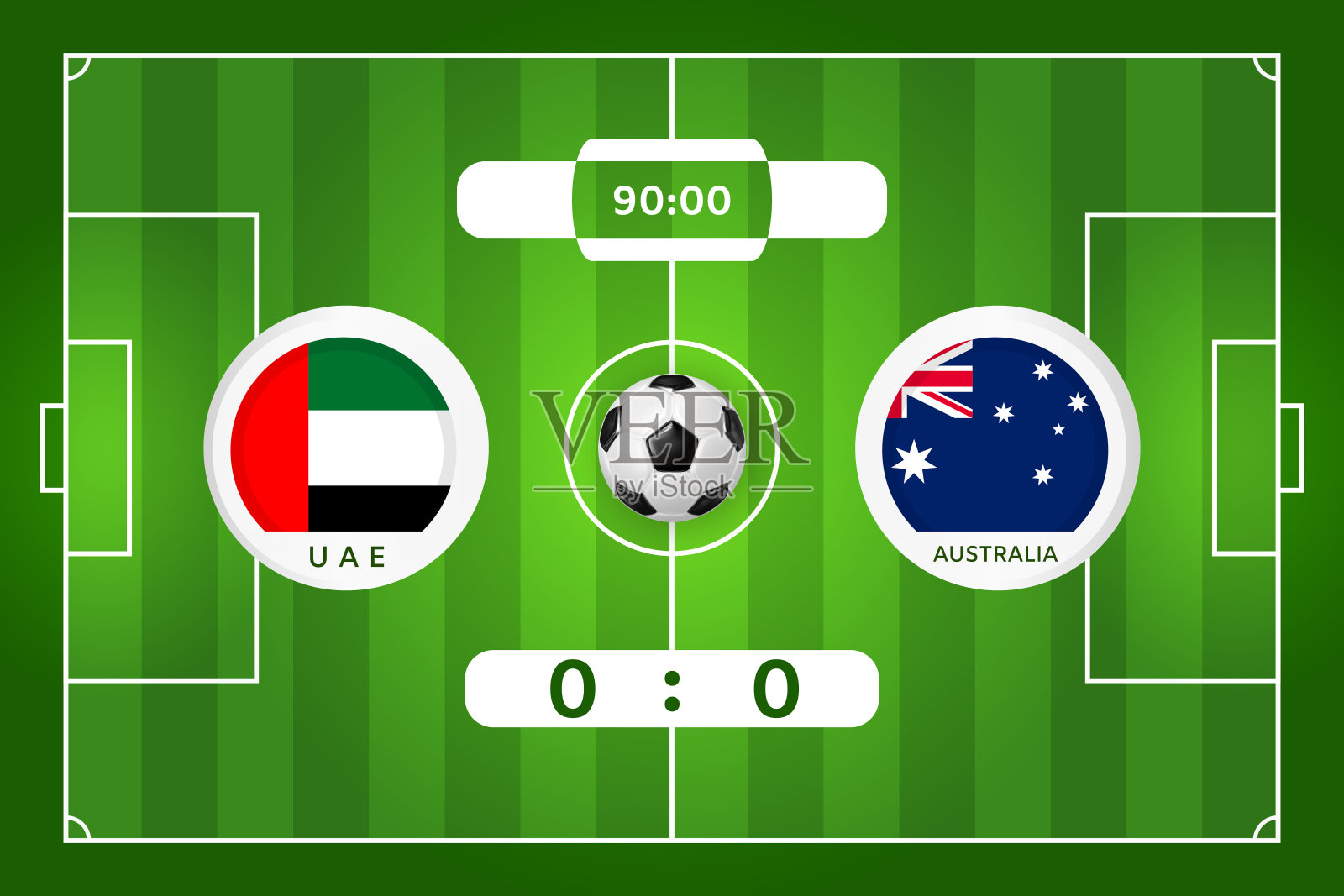 阿联酋-澳大利亚足球比赛。信息图表横幅与文本。进球。足球场上的国家国旗贴纸。足球比赛的模板插画图片素材
