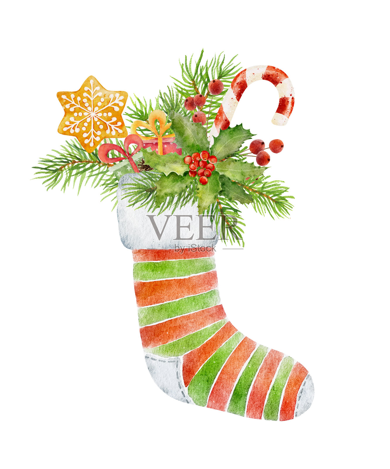 水彩圣诞彩色袜子与礼物孤立在白色背景。插画图片素材