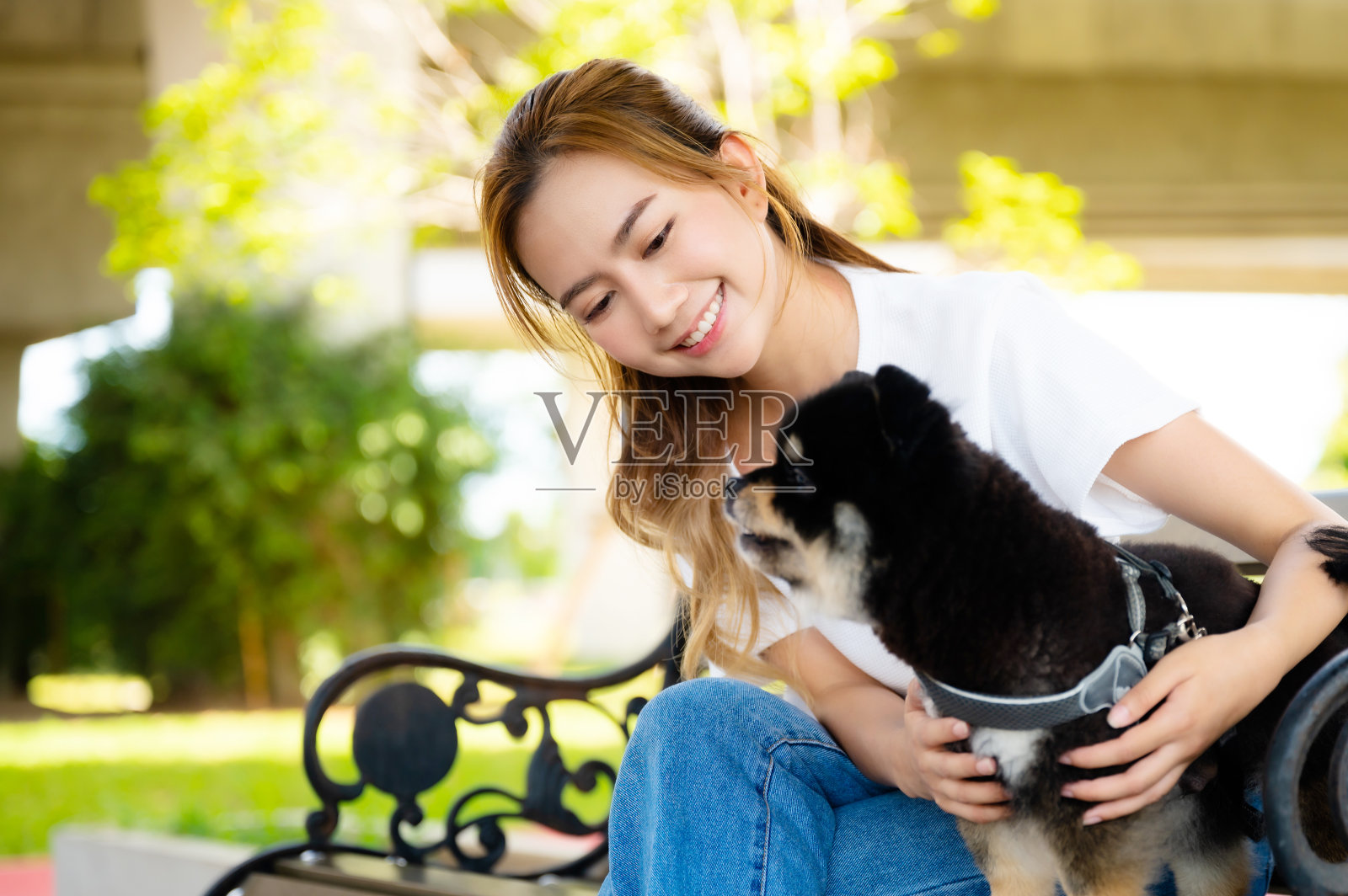 快乐的年轻亚洲女人在公园里和她的狗一起坐在长椅上玩耍。宠物情人的概念照片摄影图片