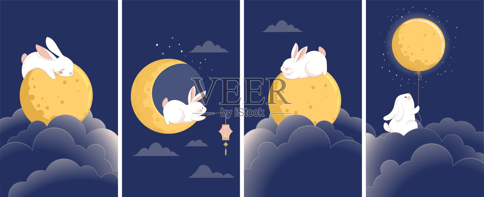 中秋节概念故事设计与可爱的兔子，小兔子和月亮插图。中国、韩国、亚洲的中秋节庆祝活动插画图片素材