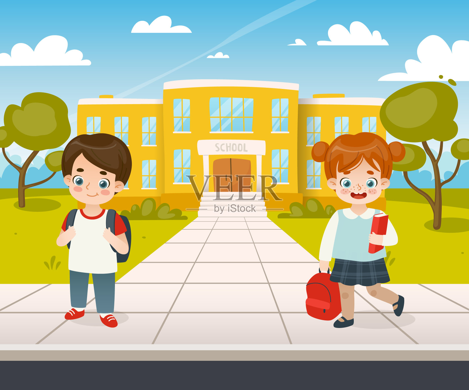 可爱的学生站在学校前面。快乐的卡通孩子们回到了学校。插画图片素材