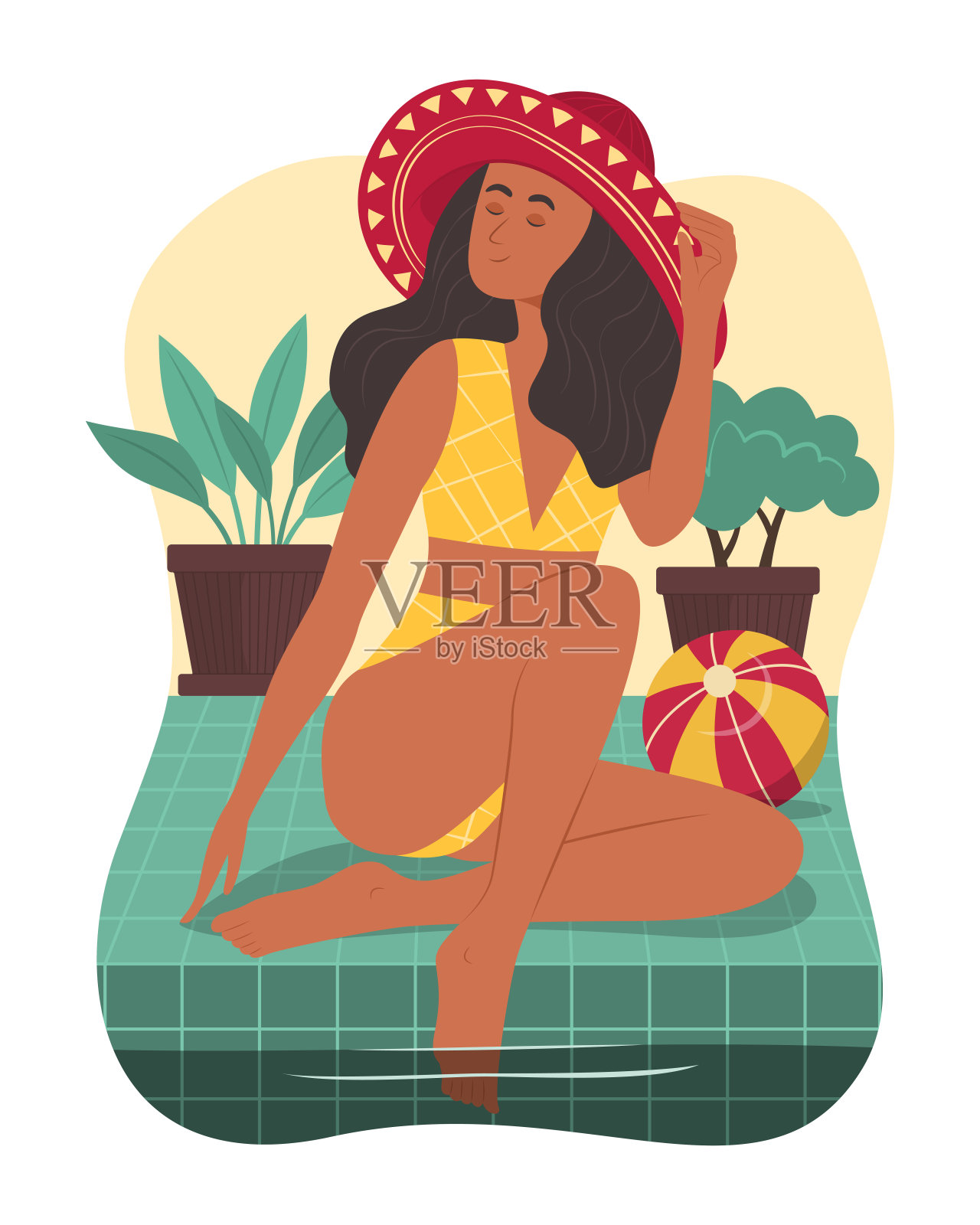 夏天在游泳池晒太阳的女人。插画图片素材