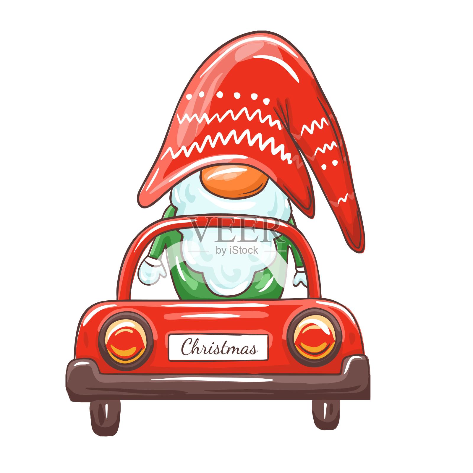 可爱的圣诞小精灵开着红色卡车插画图片素材
