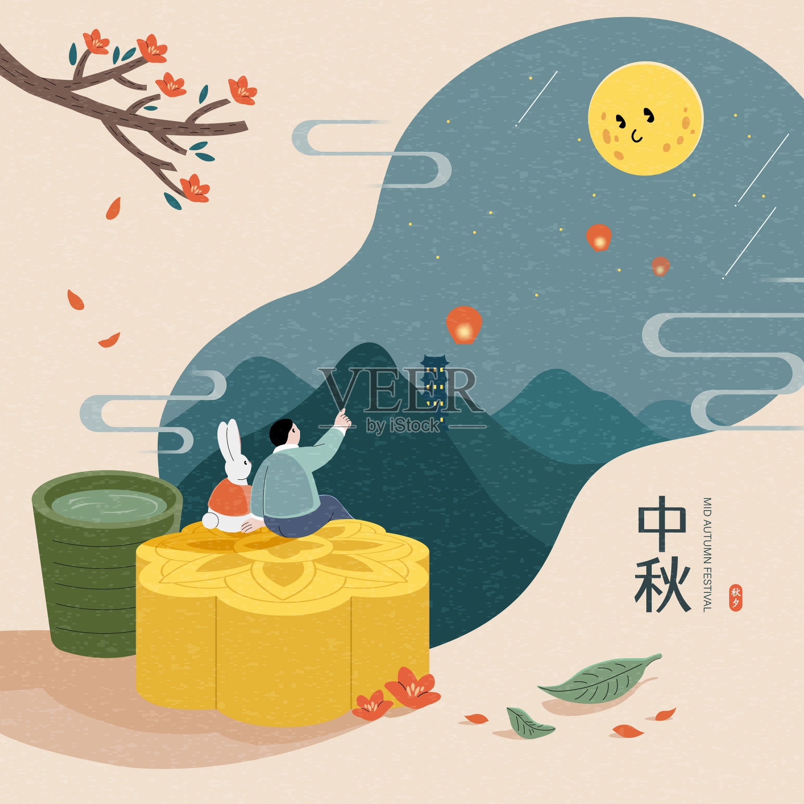玉兔与男子坐在巨大月饼赏月 中秋插画插画图片素材