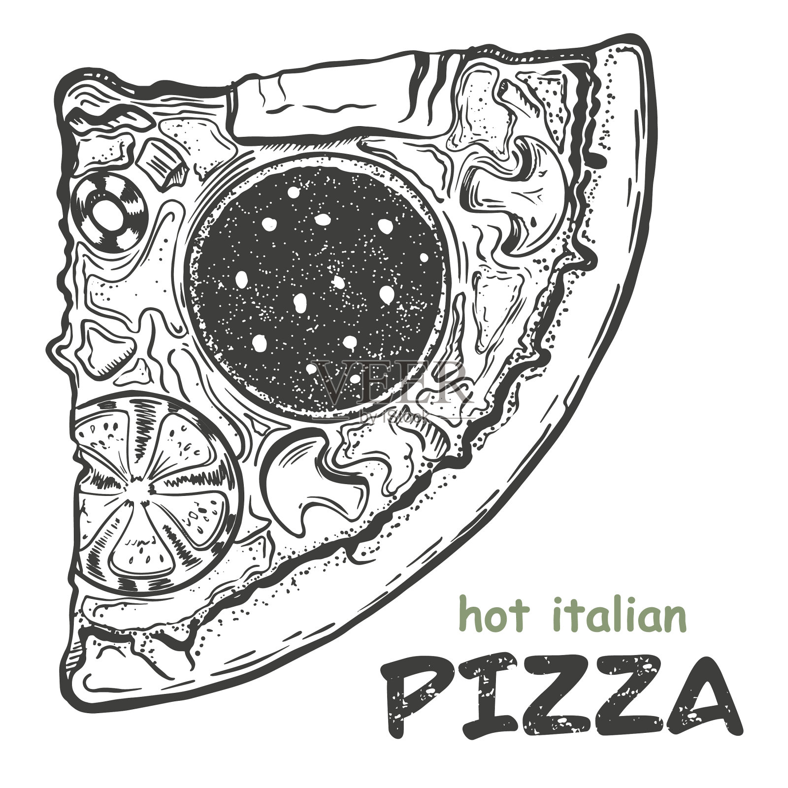 黑白手绘线条披萨和食材插画图片-图行天下素材网