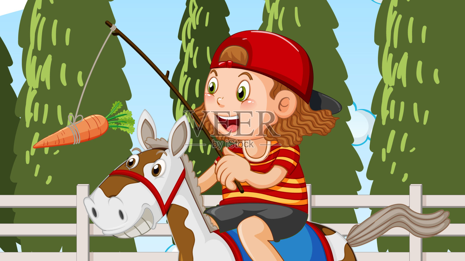 骑马卡通插图与可爱的人的角色练习骑马或马术运动在绿色的田野插画图片素材_ID:422757631-Veer图库