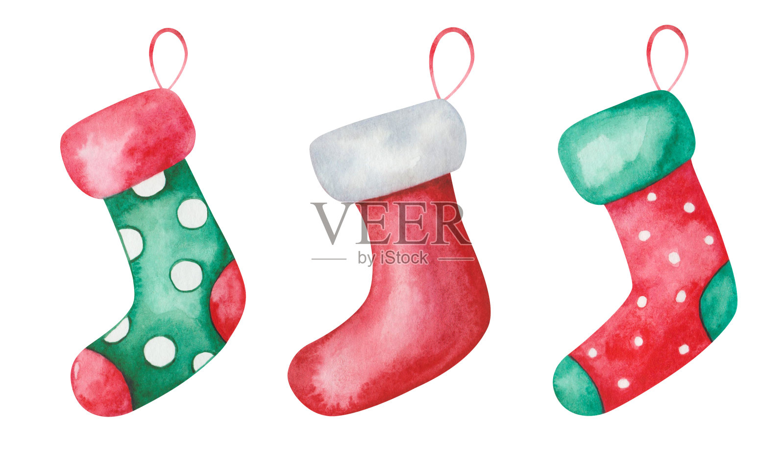 手绘的水彩插图，绿色，红色和白色挂袜子与圆点为圣诞老人的礼物。袜子的礼物。孤立的剪贴艺术的新年打印，圣诞明信片，海报插画图片素材