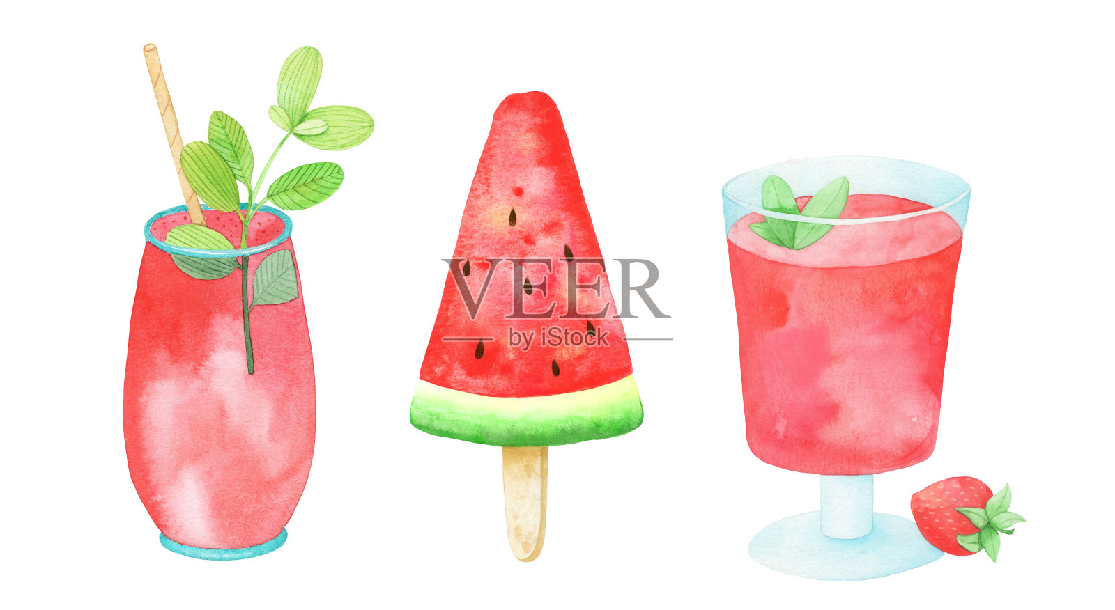 夏季水果和浆果鸡尾酒的水彩画插图，孤立插画图片素材