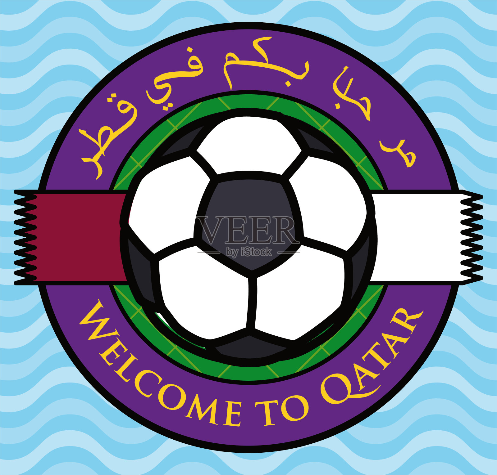 按钮与足球，卡塔尔国旗和欢迎信息，矢量插图插画图片素材