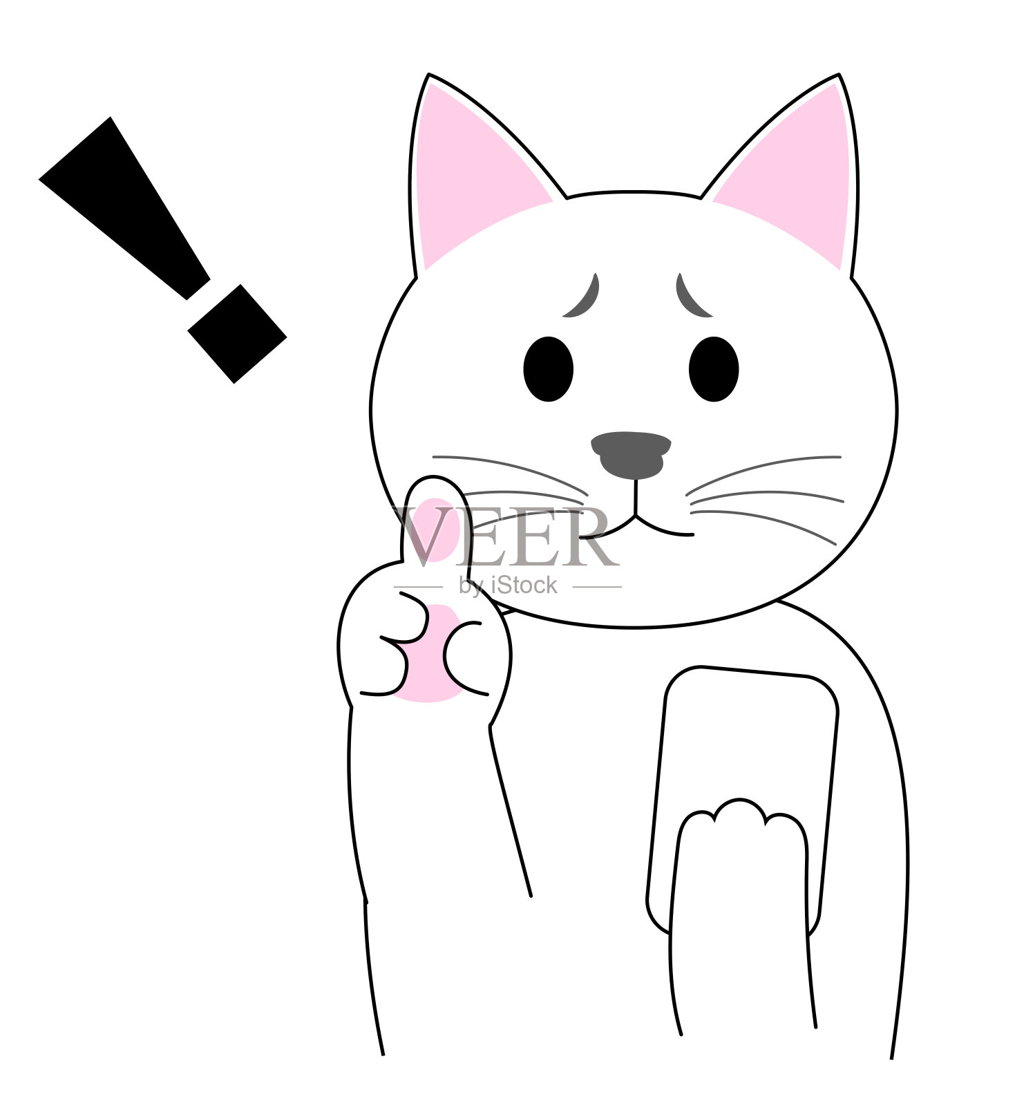 一只白猫用手指做手势:白色背景插画图片素材