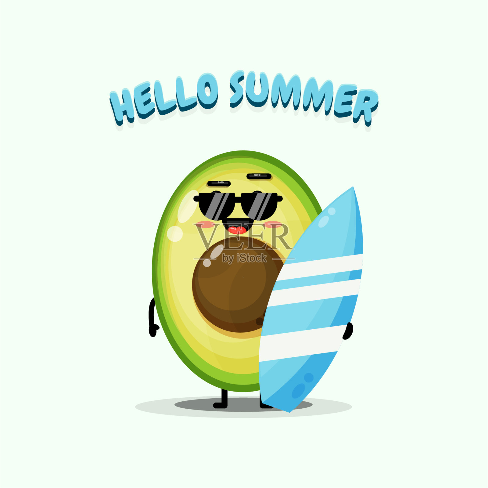 可爱的牛油果携带冲浪板与夏天的问候插画图片素材
