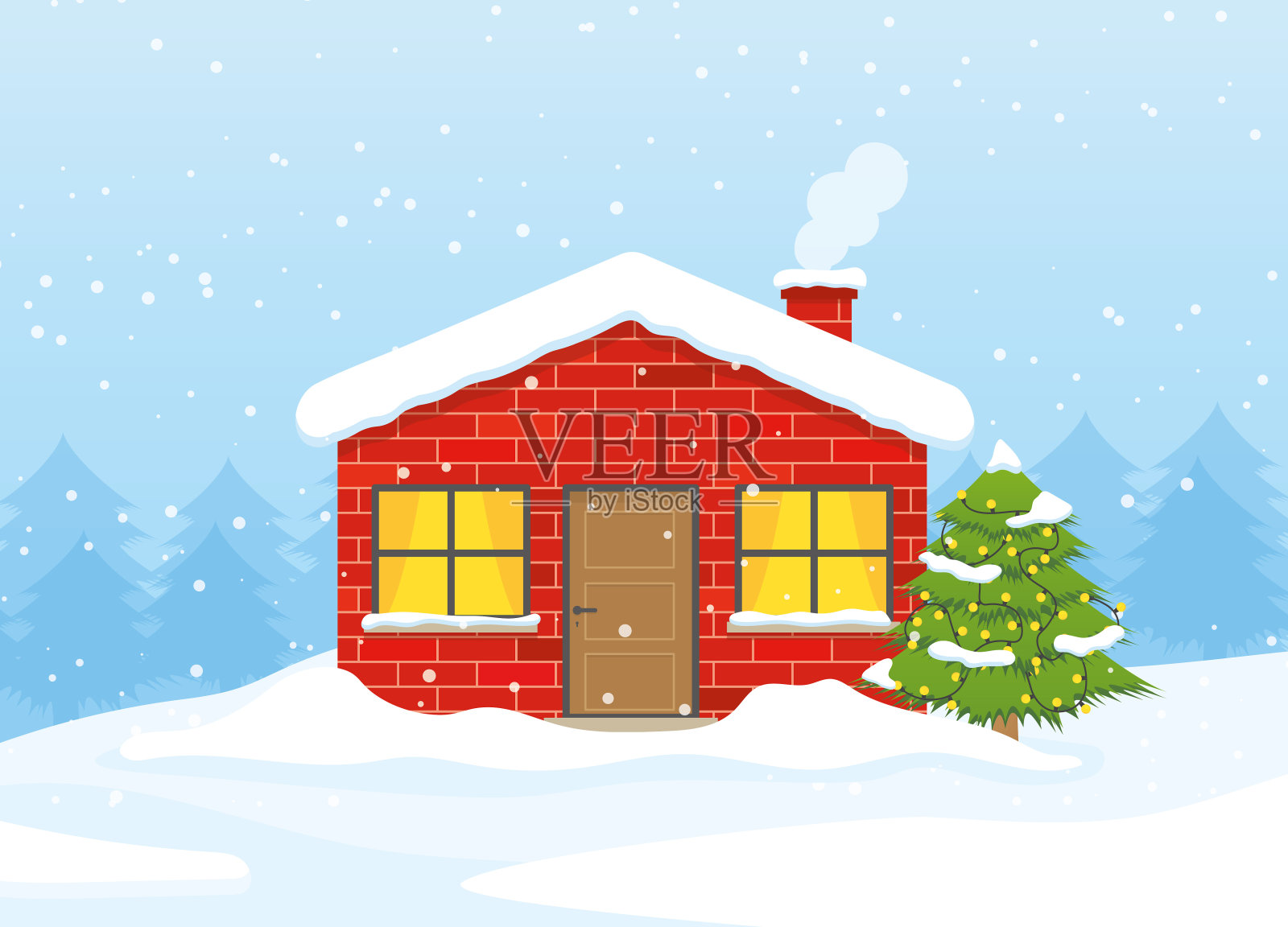 冬天，圣诞风光与砖房和圣诞树覆盖的雪设计元素图片