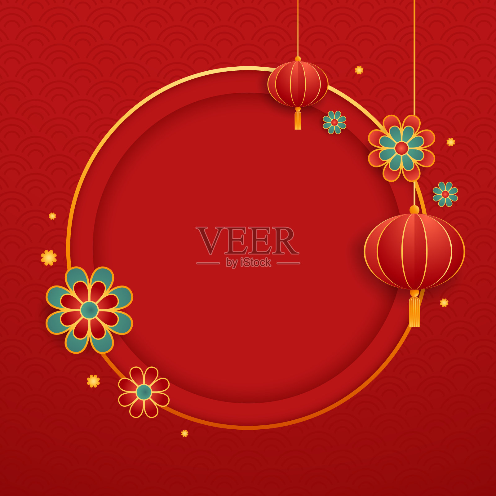 2023年春节快乐。中国新年旗帜与圈为展示产品。贺卡。红底灯笼的瓷框。插画图片素材