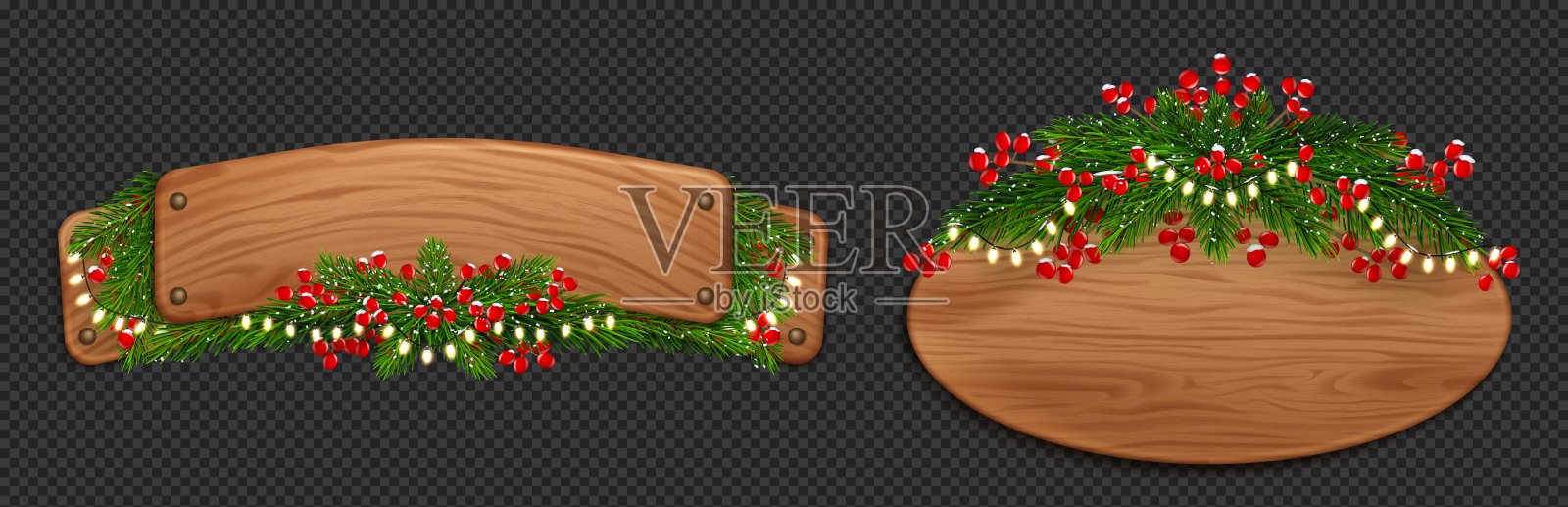 用冷杉和红浆果装饰的圣诞木板插画图片素材