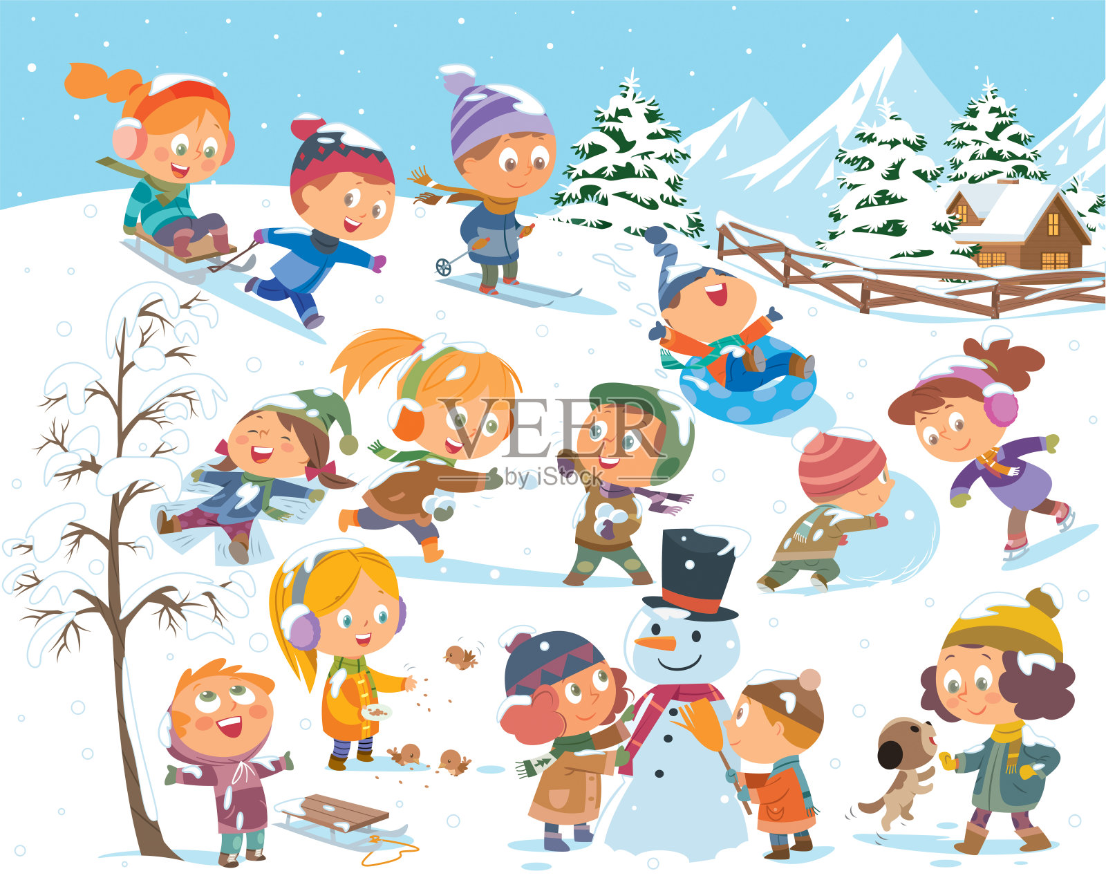 冬季儿童活动。雪地游戏，微笑的小女孩和男孩们穿着冬天的衣服在户外玩耍插画图片素材