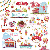 冰淇淋矢量设置与旗帜图标和插图图片素材