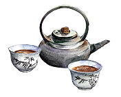 中国传统茶具。水彩图片素材