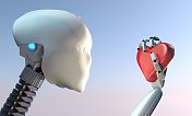 机器人持有和看红心的3D插图图片素材