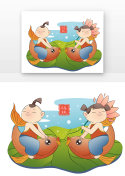卡通新年骑着锦鲤的男孩女孩元素符号图片
