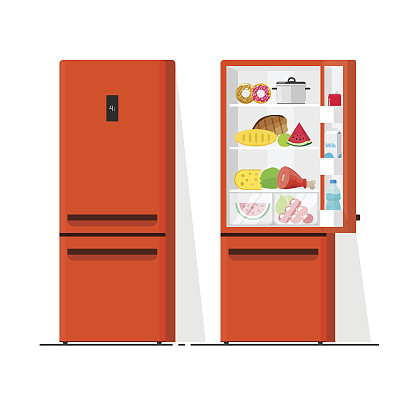 冰箱矢量插图,扁平卡通冰箱打开和关闭,冰箱满食物隔离图片