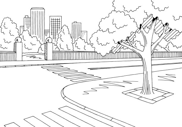街道道路图形黑白城市景观素描插图矢量图片