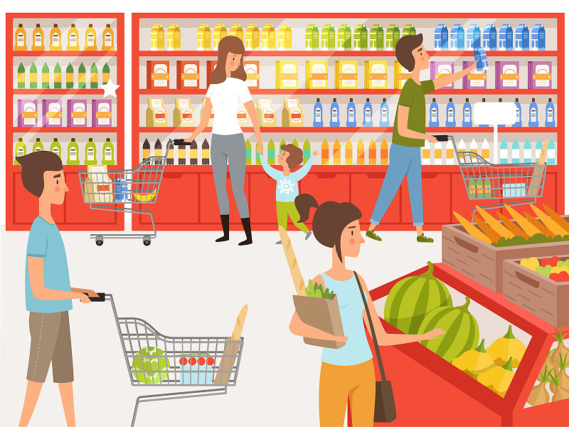 消费者在超市。商店货架附近人们的背景插图图片下载