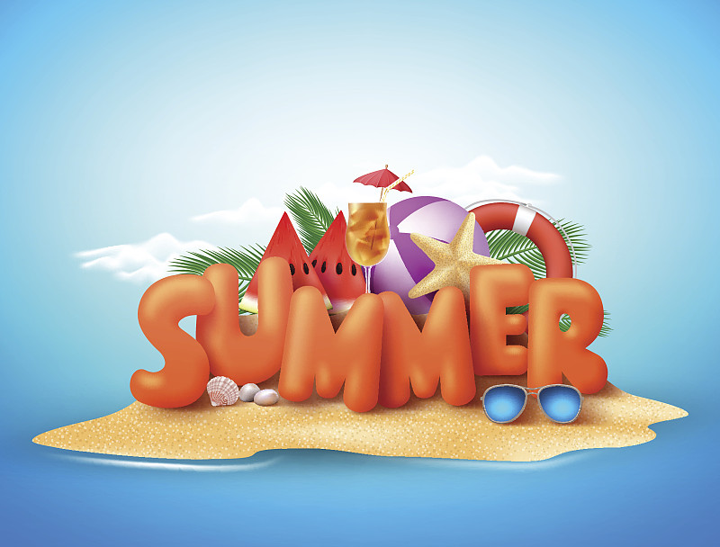 夏日矢量设计的3d夏季文字在海滩图片素材