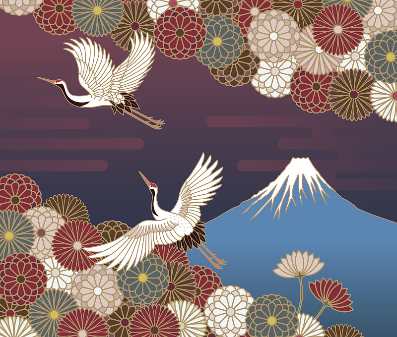 富士山，鹤和菊花花，日本传统图案图片下载