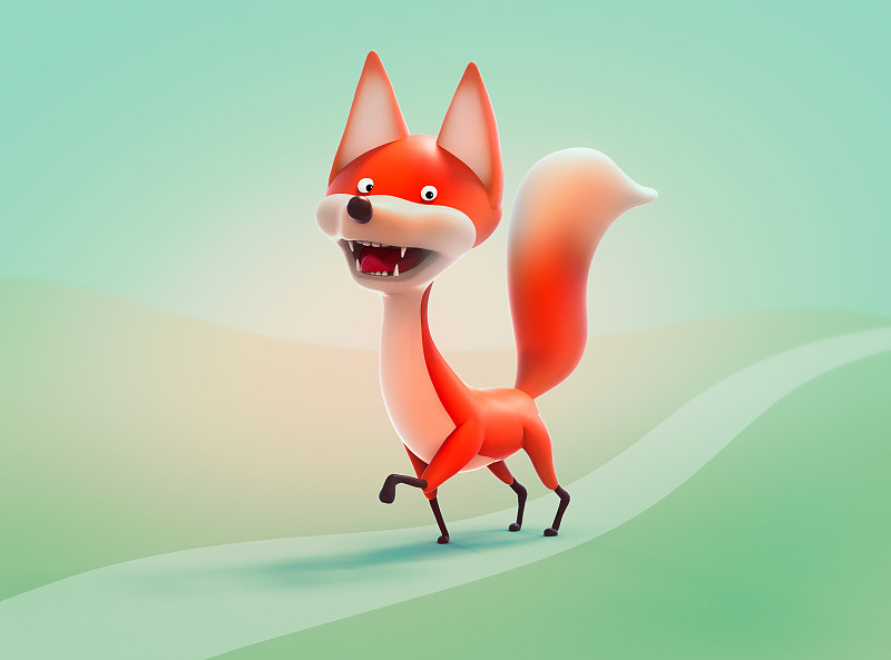 行走的狐狸，卡通人物3D插图图片下载