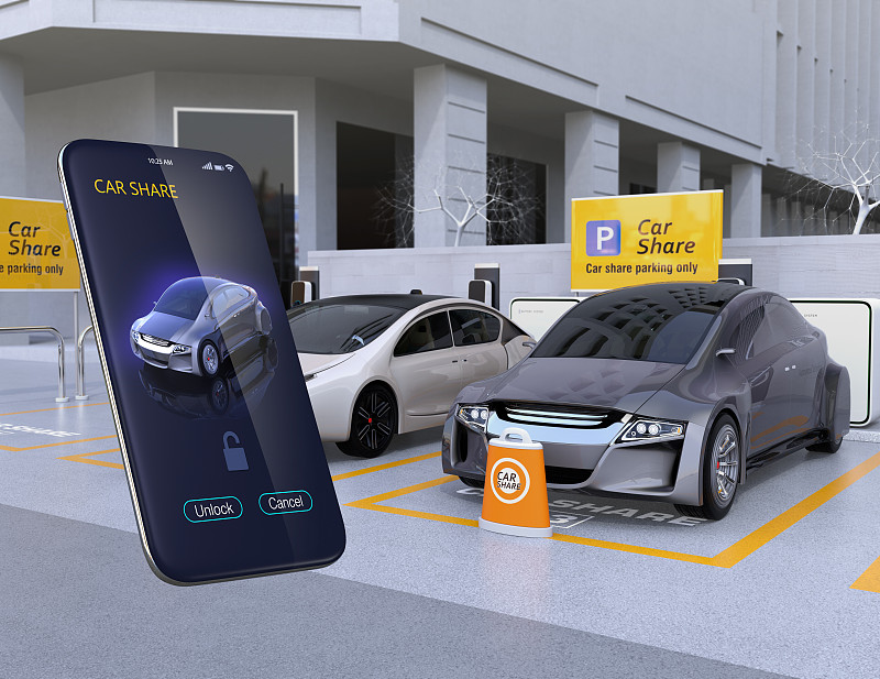 汽车共享停车场和共享的智能手机应用程序图片下载
